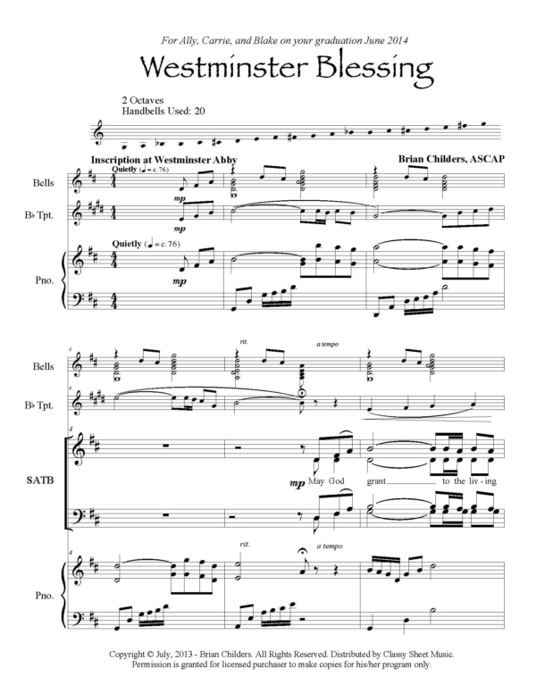 Vocal Choir (SATB) With Keyboard And Optional 2 Octave Handbells And Optional Bb Trumpet - Westminster Blessing